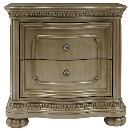 Traditional 2-Drawer Nightstand with Serpentine Case and Rhinestone Knobs